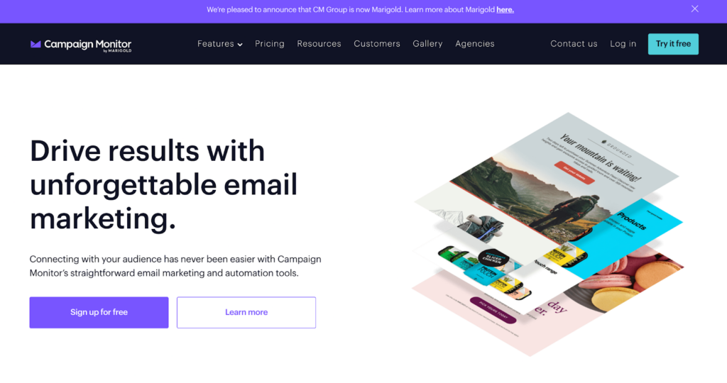 Campaign Monitor hjemmeside, effektivt e-postbehandlings- og markedsføringssystem