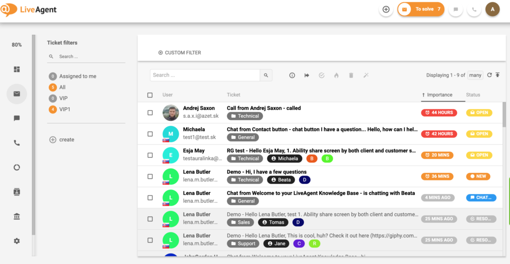 Oversikt over sakshåndteringsgrensesnittet i LiveAgent.