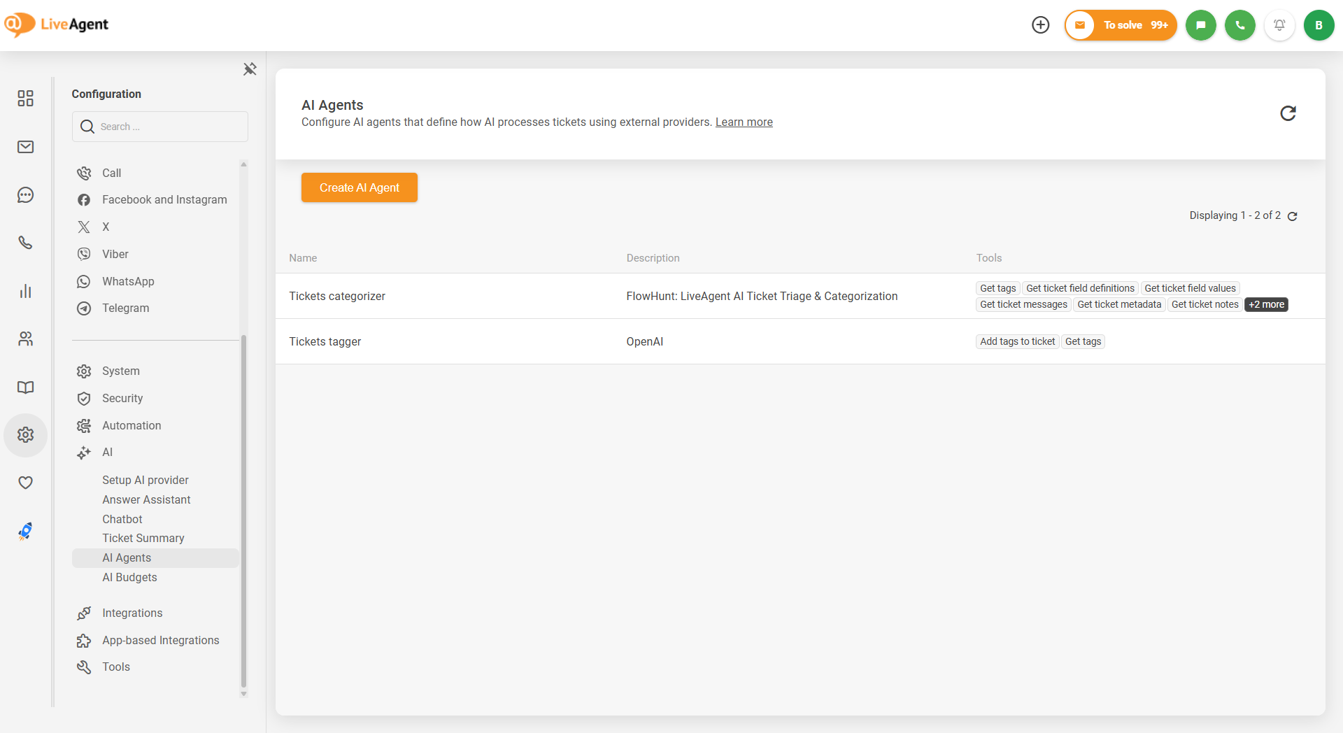 LiveAgent AI-agenter konfigurasjonsskjerm som viser tickets-kategoriseringsagent og tickets-merkeagent