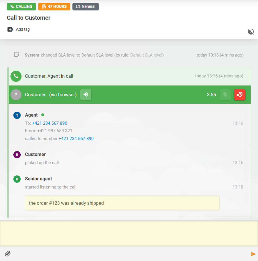 LiveAgent Call Listening-funksjon med notatsamhandling mellom agenter