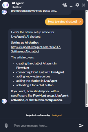 LiveAgent AI Agent chat med markdown-støtte
