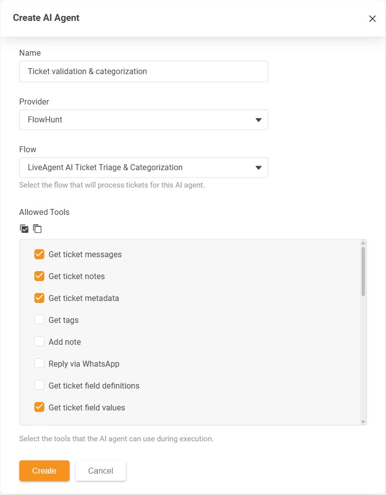 LiveAgent-dialogen Create AI Agent med listen Allowed Tools over tillatte handlinger