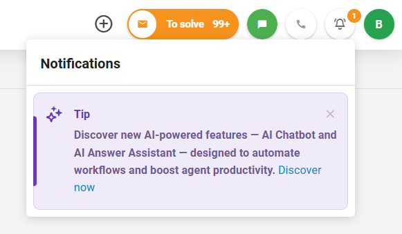 Skjermbilde av LiveAgent's nye in-app nyhetspanel som viser varsler og oppdateringer