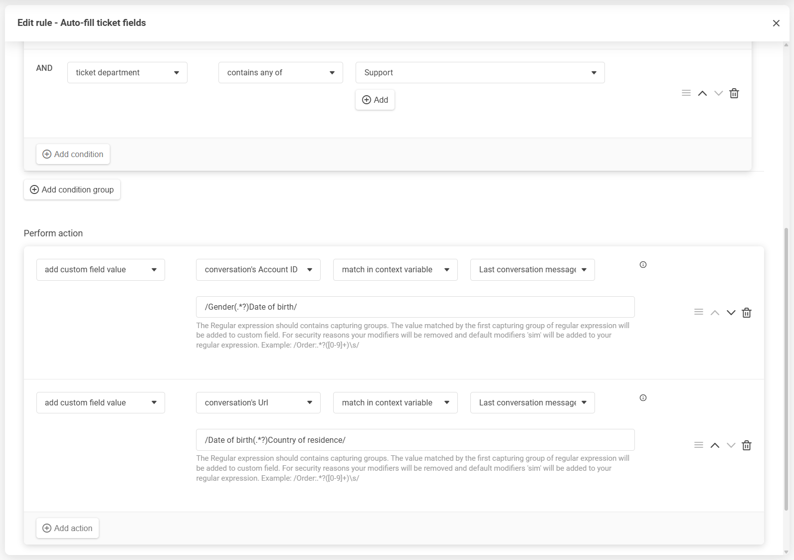 LiveAgent regelredigering med dra-og-slipp-omorganisering av betingelser og handlinger