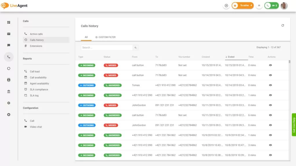 Oversikt over kundesentergrensesnittet i LiveAgent.