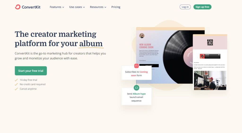 ConvertKit hjemmeside, e-postbehandlingsprogramvare for skapere