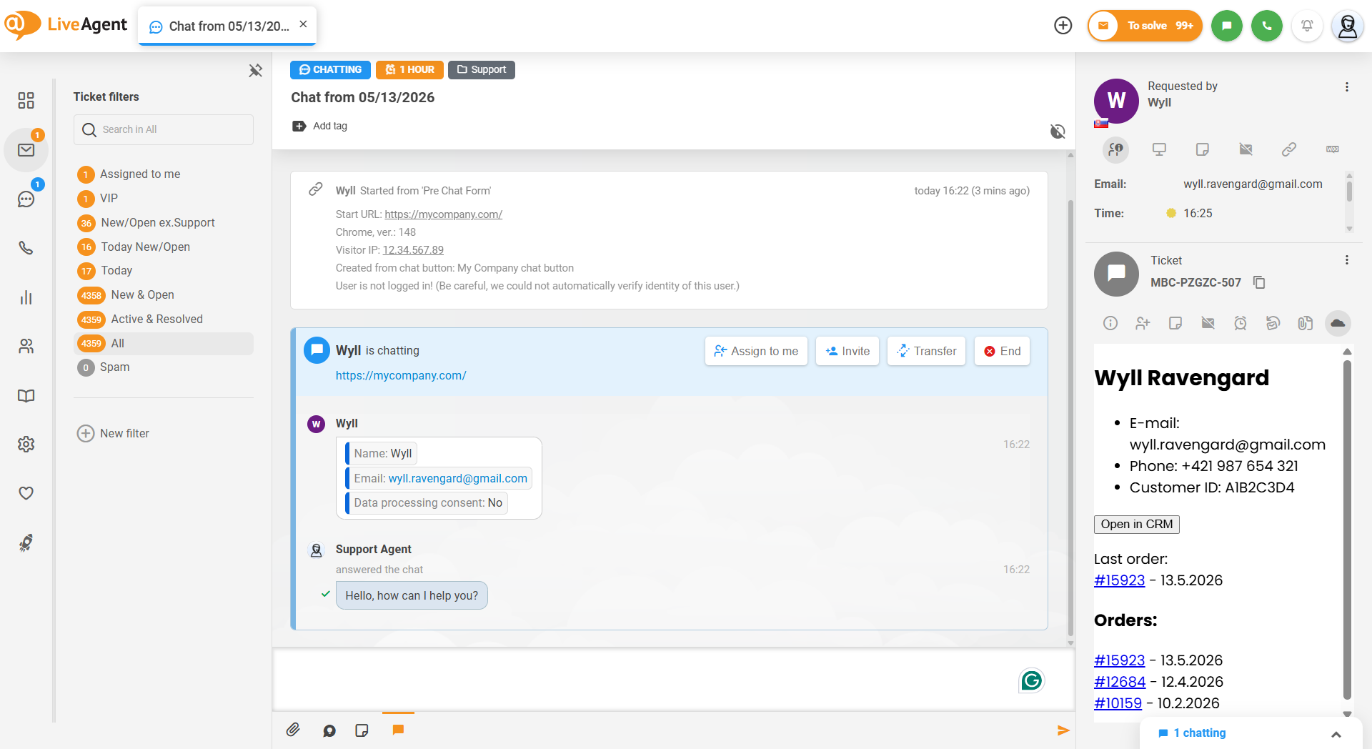 LiveAgent ticket with external customer information displayed