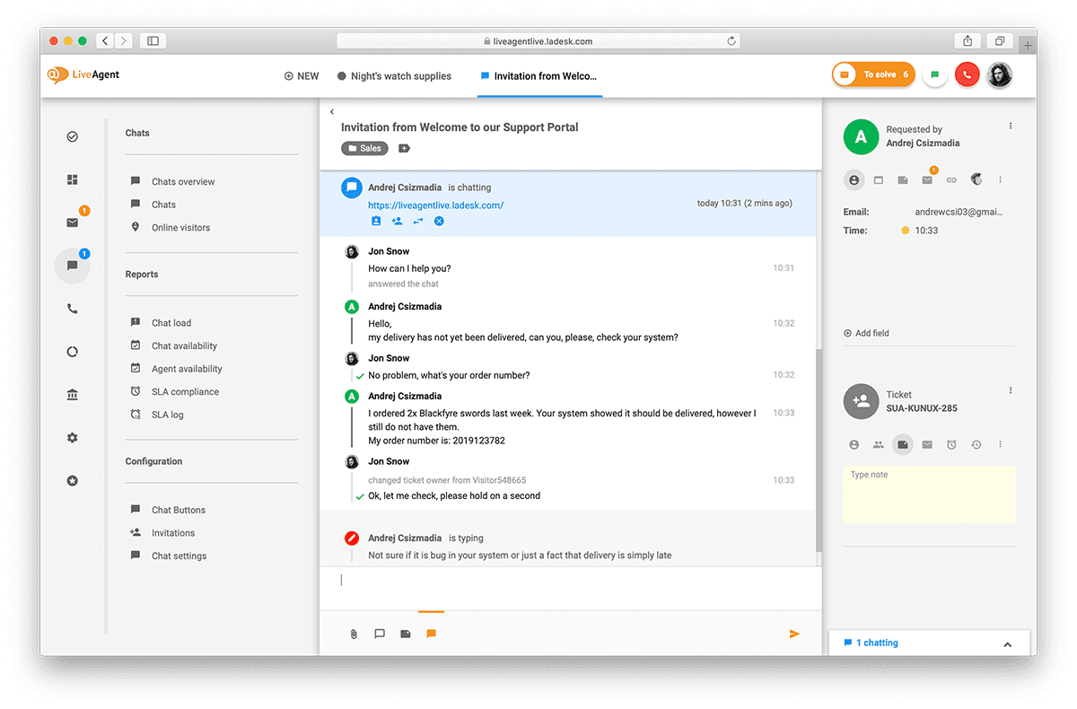 Oversikt over live chat-grensesnittet i LiveAgent.