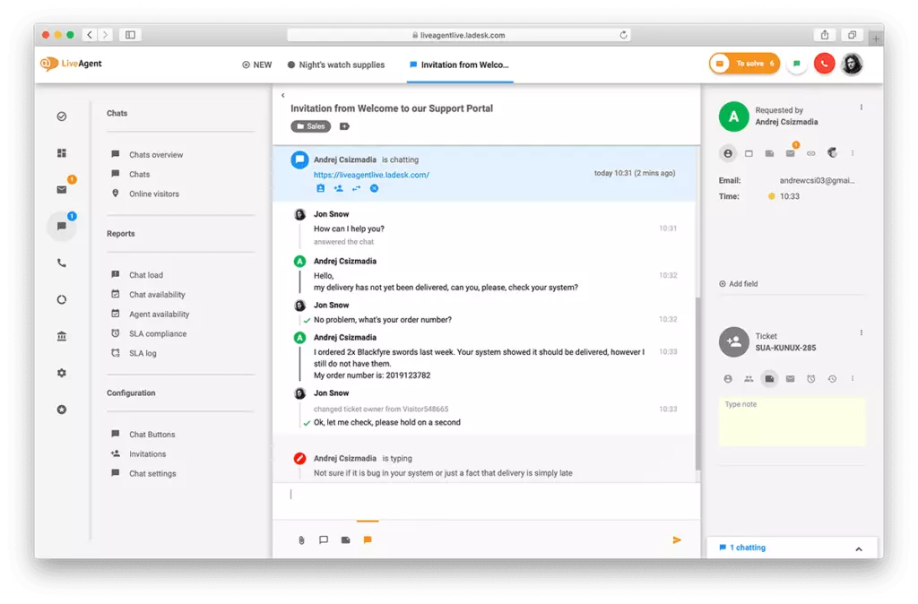 Oversikt over live chat-grensesnittet i LiveAgent.