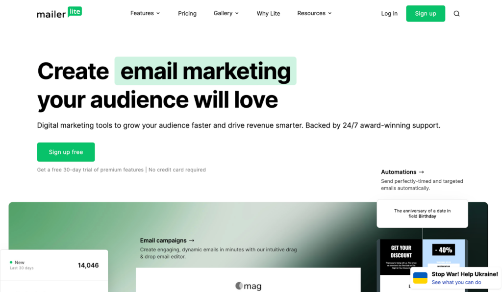 Mailerlite hjemmeside, et brukervennlig e-postbehandlingssystem