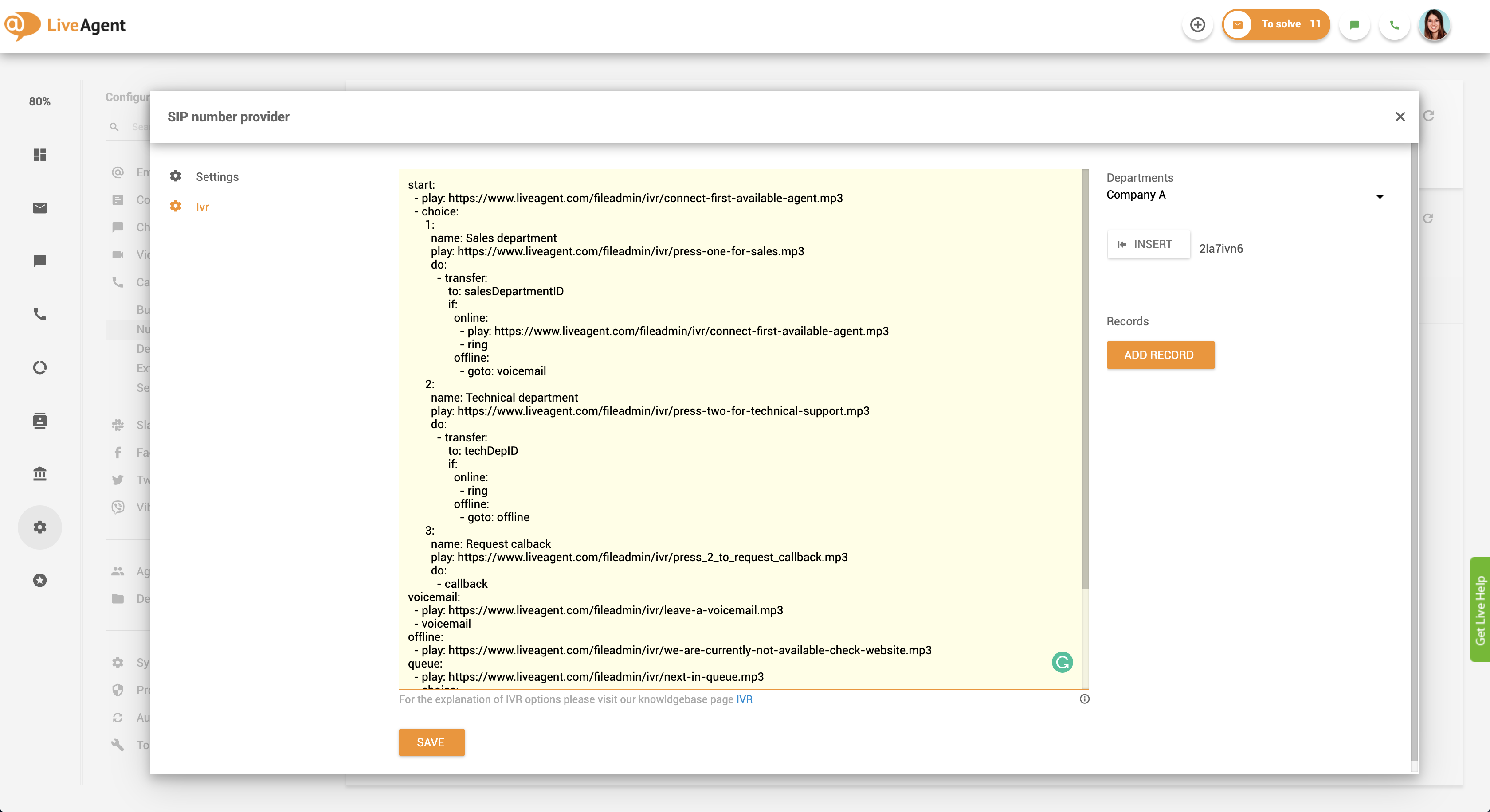 Oppsett av tilbakeringing - IVR-skript i LiveAgent