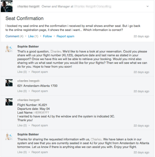 KLM Airlines sitt svar på kundesporsmål på LinkedIn