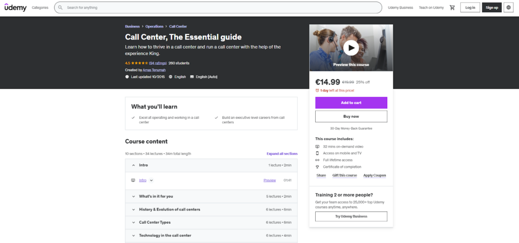 Et eksempel på et Udemy-kurs for call center-representanter
