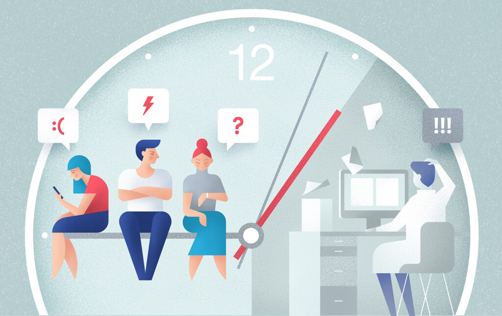 Illustrasjon av kunder som venter på kundestøtte