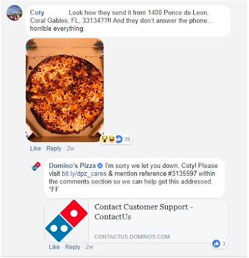 Dominos reagerer i Facebook-kommentarer