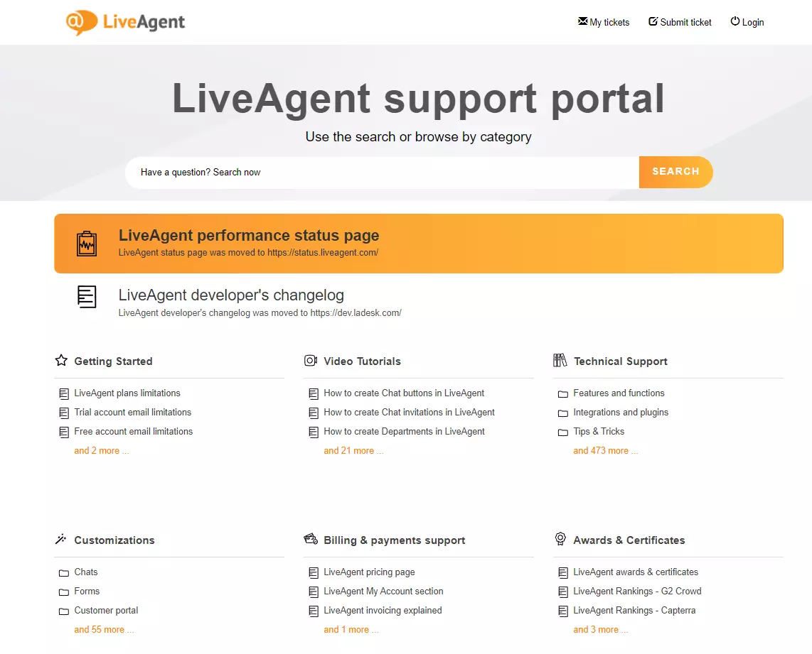 LiveAgent supportportal med artikler og FAQ-er