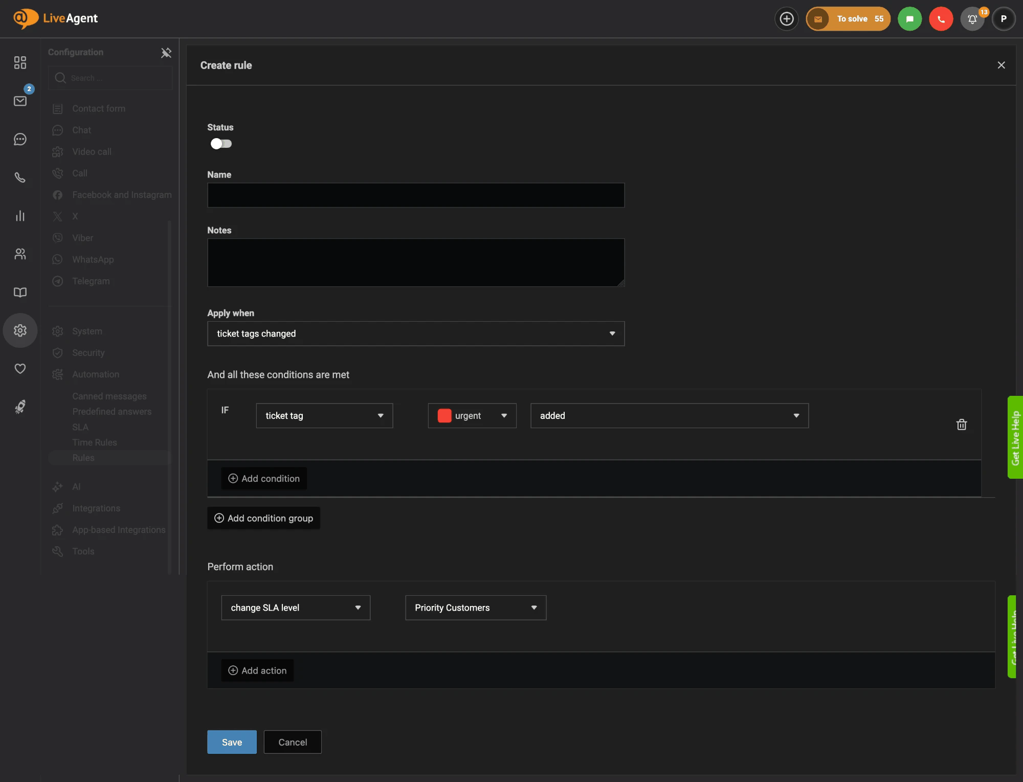 LiveAgent-regel som endrer SLA-nivået til Priority Customers når taggen urgent legges til en ticket