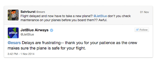JetBlue svar på misfornøyd kundetweet på Twitter