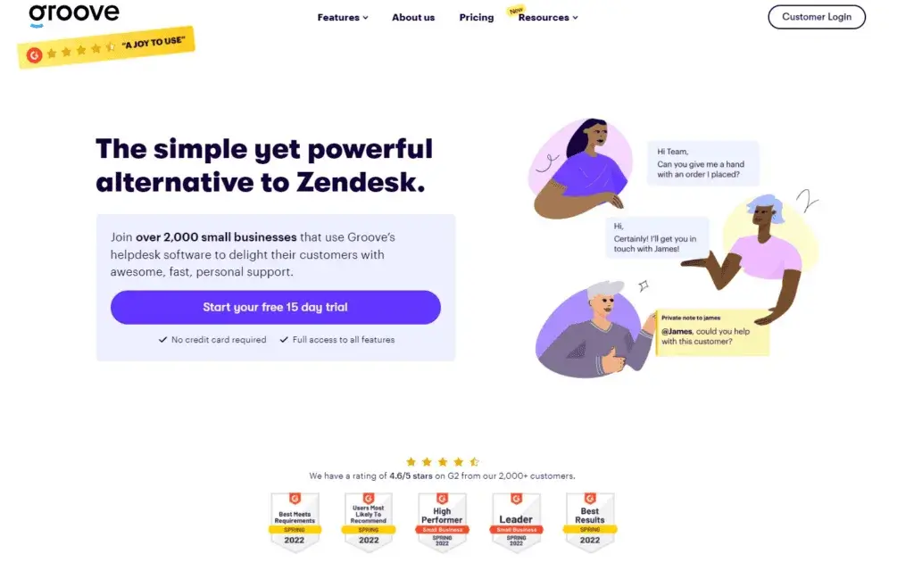 Groove homepage - Forenklet Zendesk-alternativ for små virksomheter