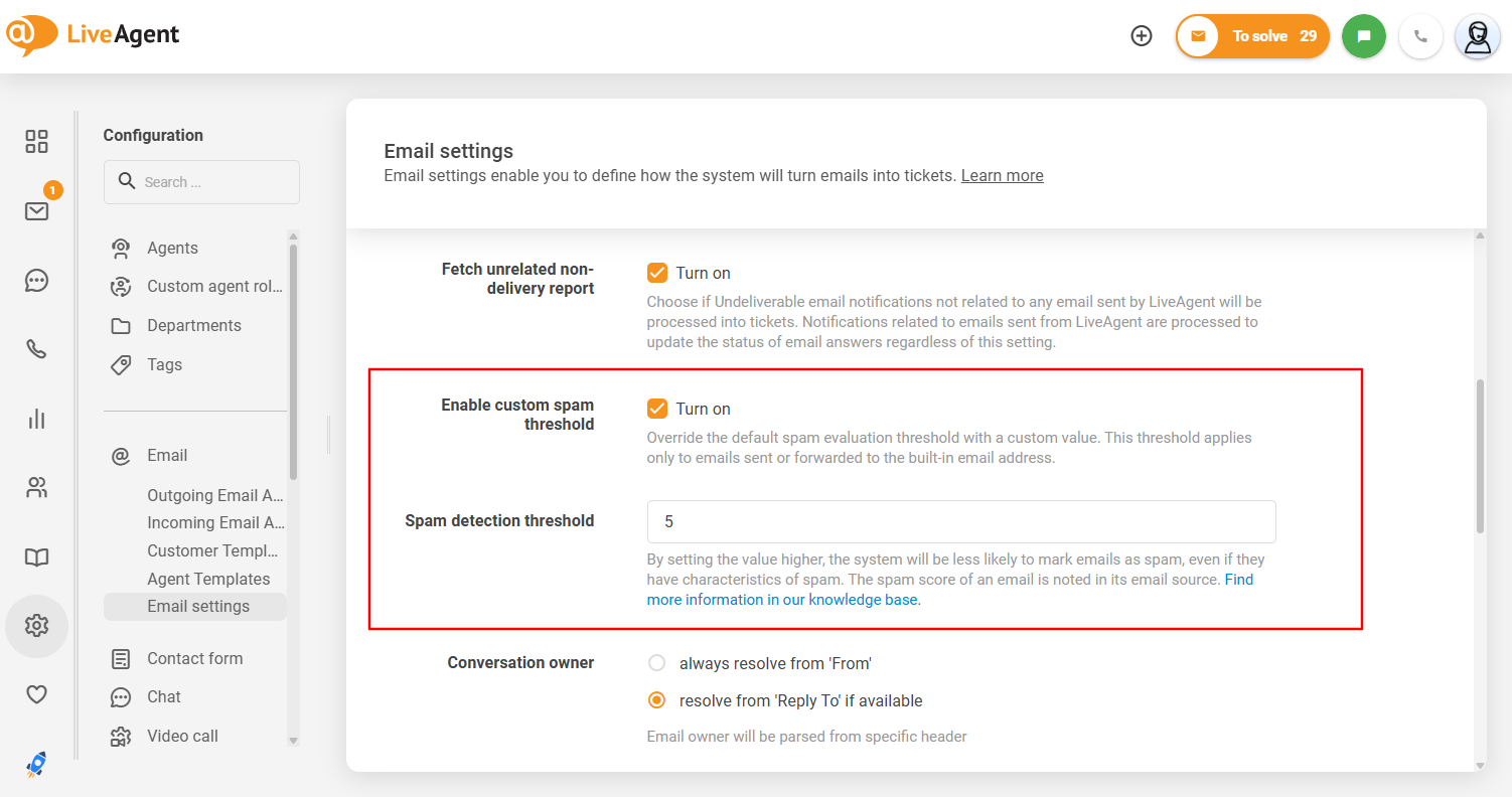 Grensesnittet for tilpassbar spamterskel i LiveAgent