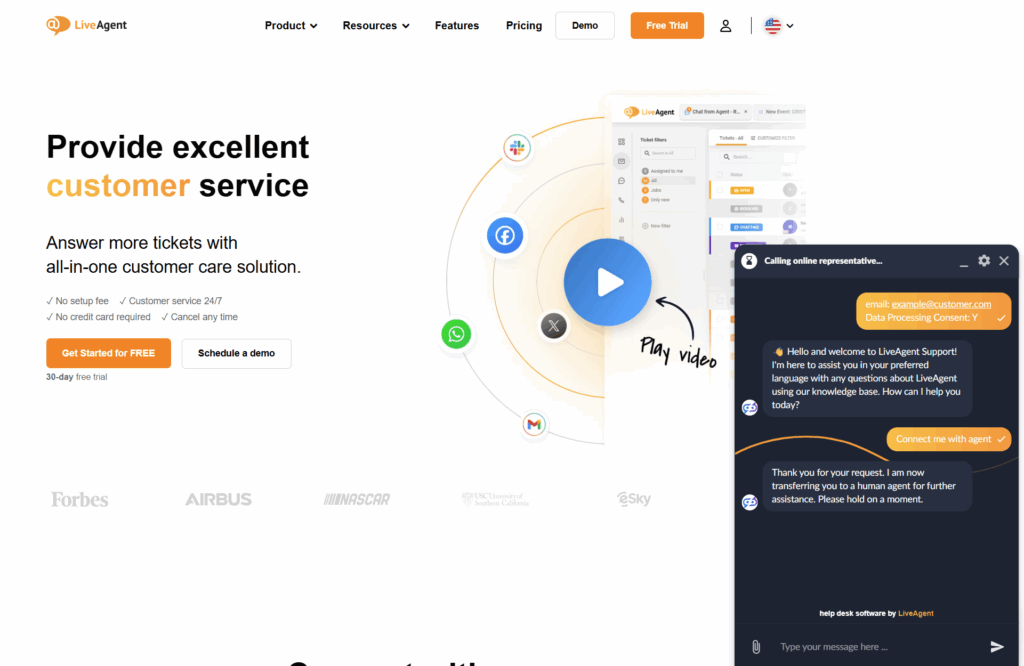 LiveAgent AI-chatbot-samtale med en bot på LiveAgent-nettstedet