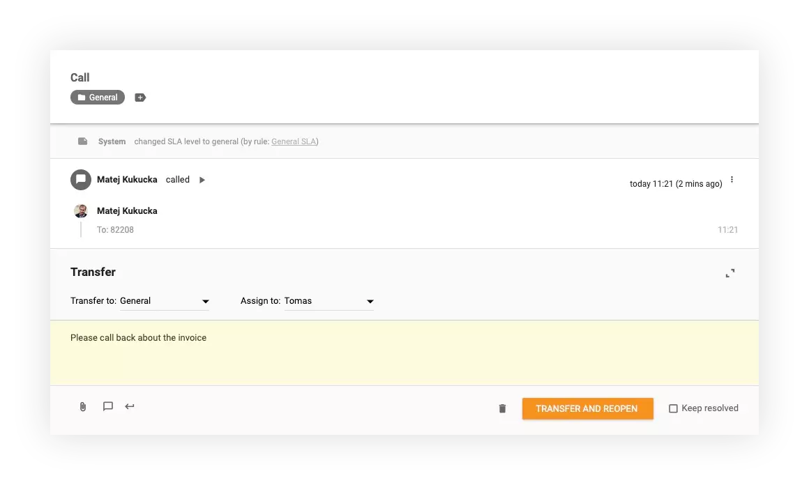 Skjermbilde viser hvordan du overfører anrop i LiveAgent til andre avdelinger og agenter