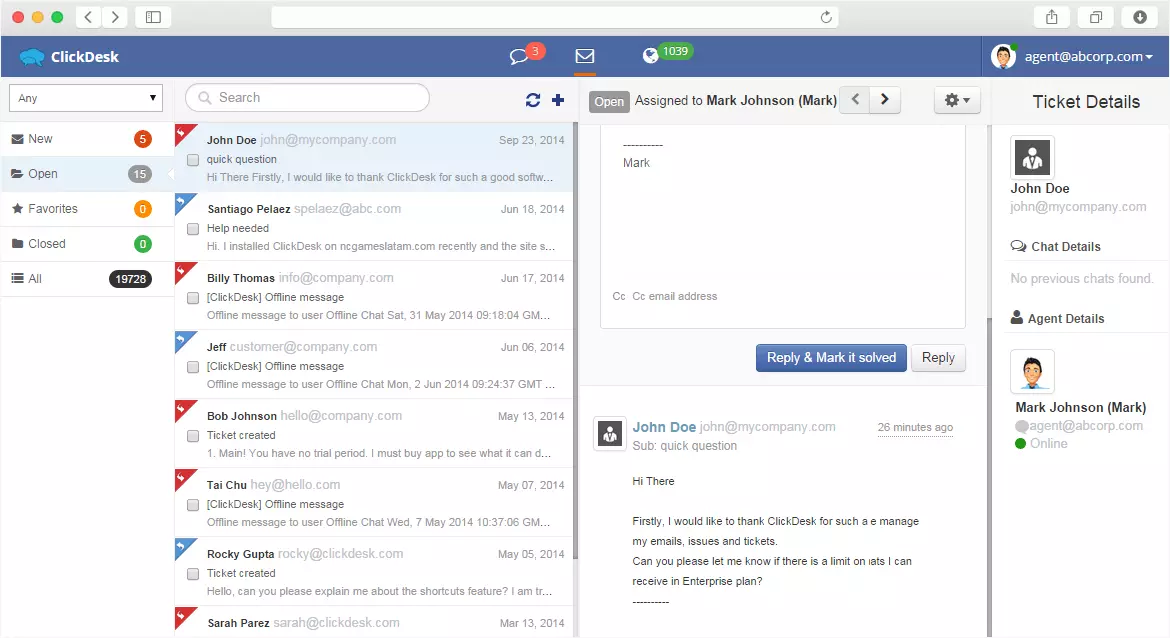 ClickDesk dashboard og live chat