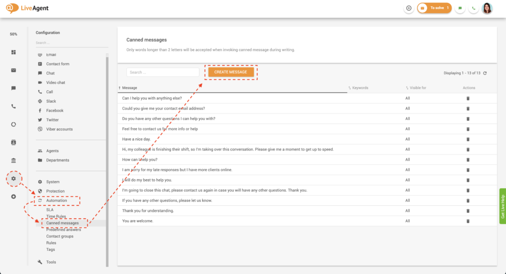 Opprett forhåndsskrevne meldinger i LiveAgent
