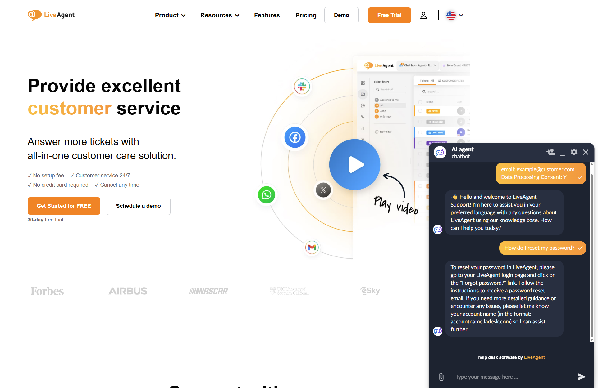 LiveAgent AI-chatbot-chatsamtale på LiveAgent-siden