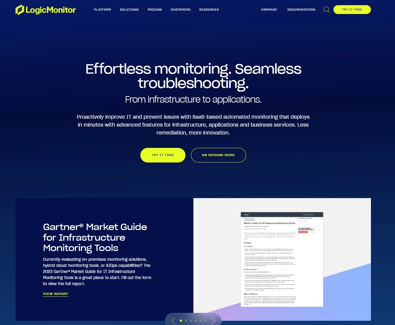 Skjermbilde av LogicMonitors hjemmeside - IT-ytelsesplattform for enkel overvåking og feilsøking