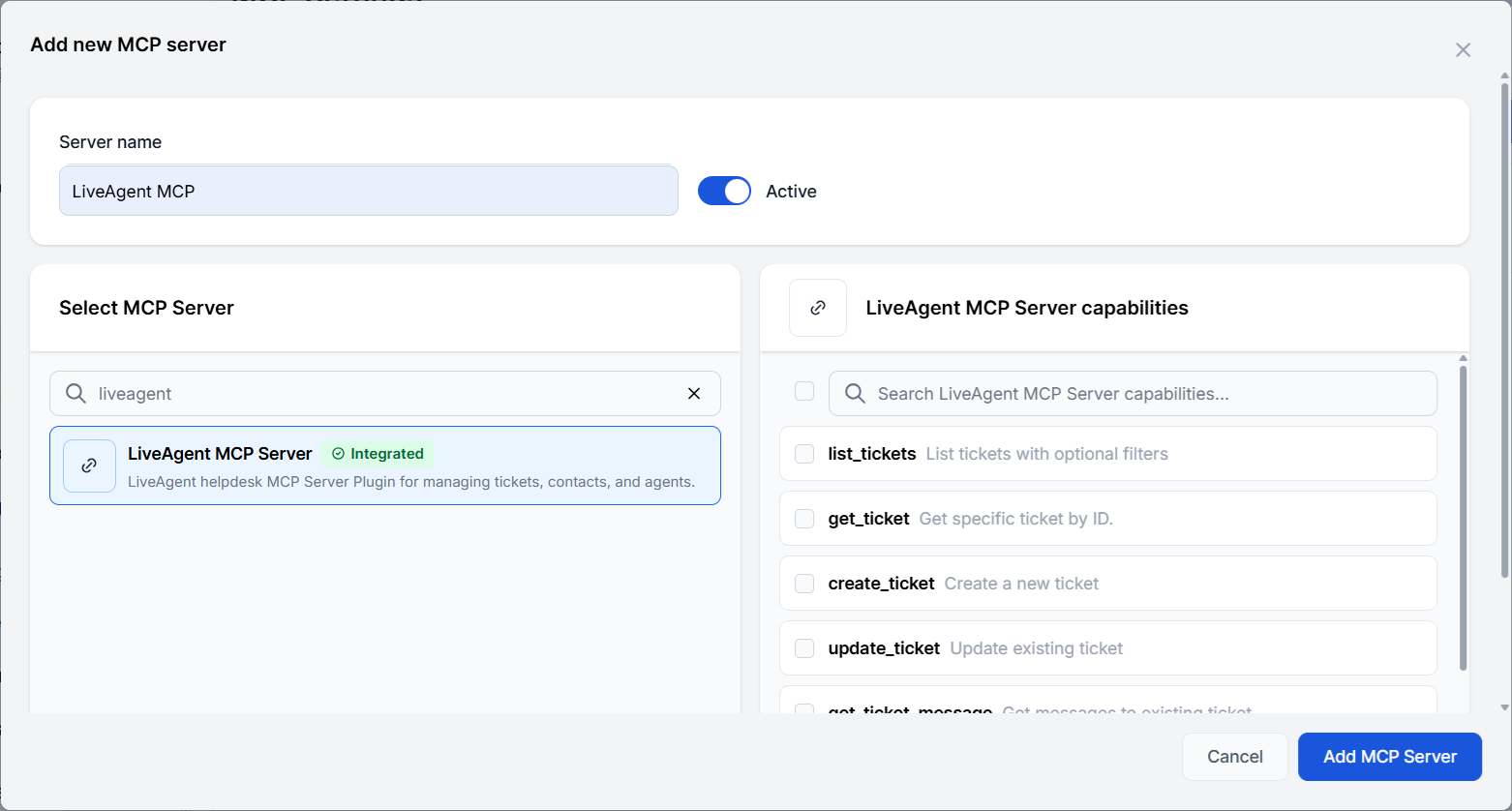 En ny MCP-server Liveagent ble lagt til FlowHunt