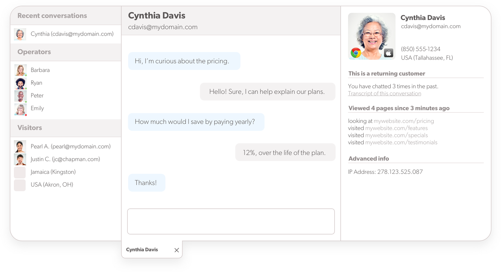 Agentvisning av pågående live chat Olark live chat-programvare