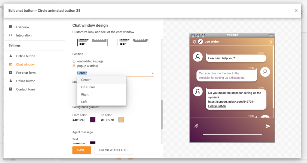 Pop-up-vindu-funksjon LiveAgent