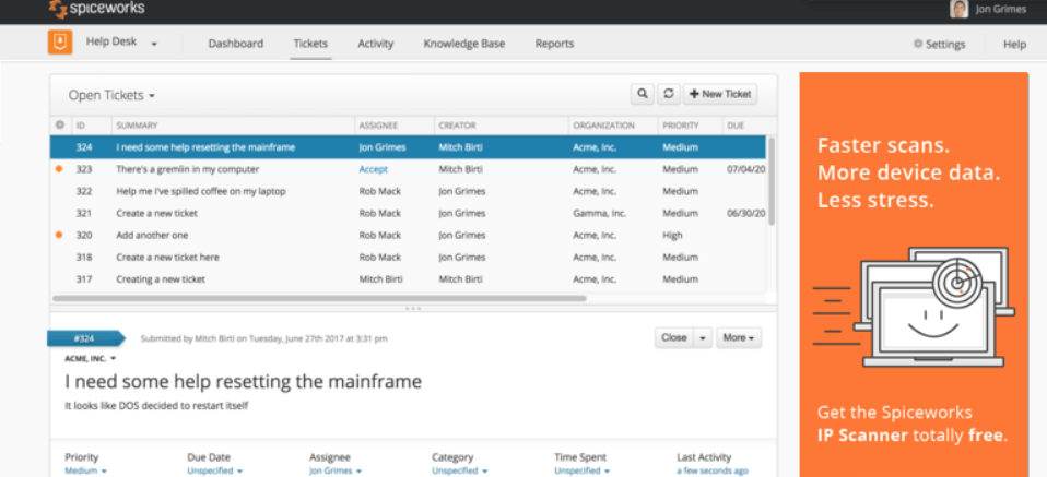 Spiceworks gratis ticketing-tjeneste