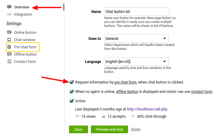 Bilde som viser innstillingene for pre-chat i LiveAgent live chat-programvare.