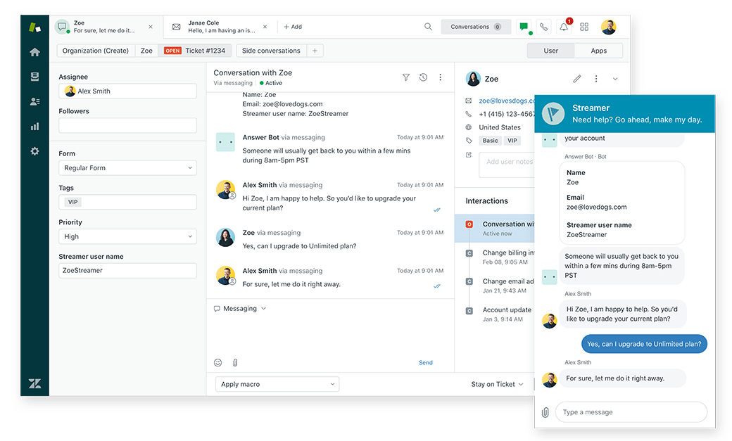 Zendesk kundeservice og samtaler