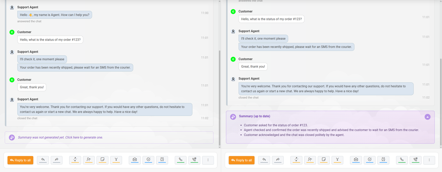 LiveAgent AI-billettsammendrag generert for en chattesamtale