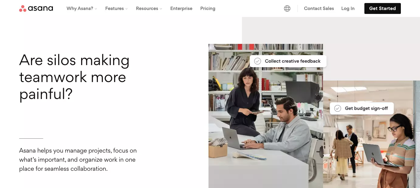 Asanas hjemmeside - forbedre effektiviteten i organisasjonen din ved å forbedre teamsamarbeid, organisere arbeid og opprettholde transparens.
