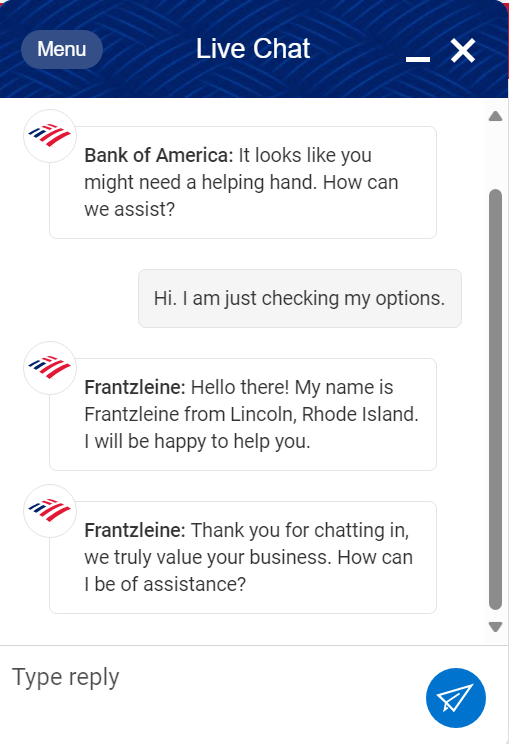 Eksempel på Bank of America live chat