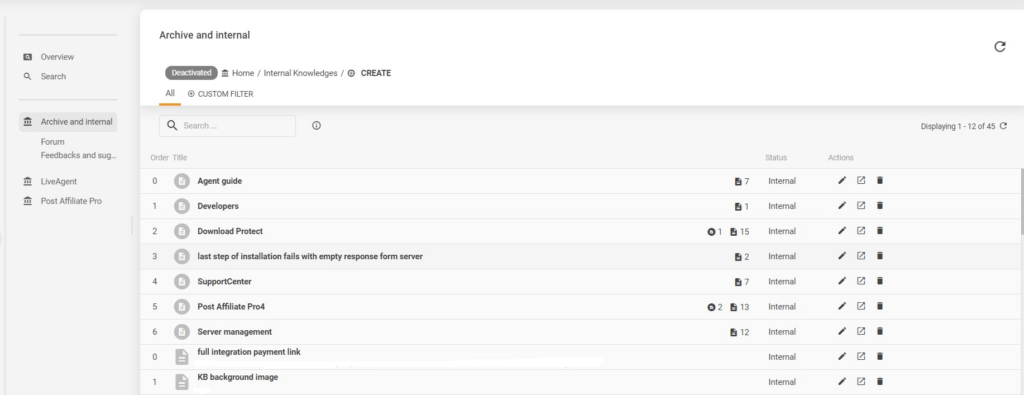 Eksempel på LiveAgents interne kunnskapsbase