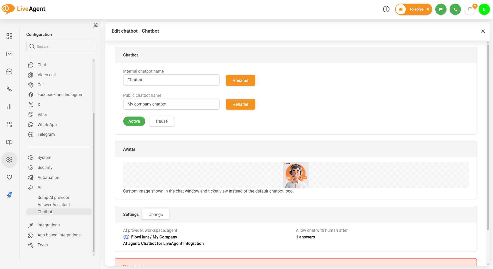 LiveAgent AI-chatbot med egendefinert avatar-bildeopplasting