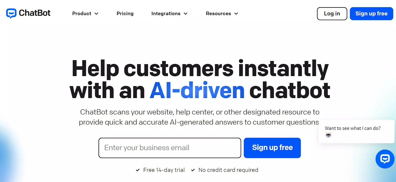 Skjermbilde av ChatBot-hjemmeside - gi AI-genererte svar med deres kraftige chatbot