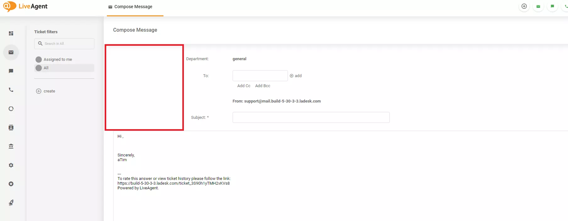 Et bilde som viser et designproblem i skjermen Komponér melding i LiveAgent