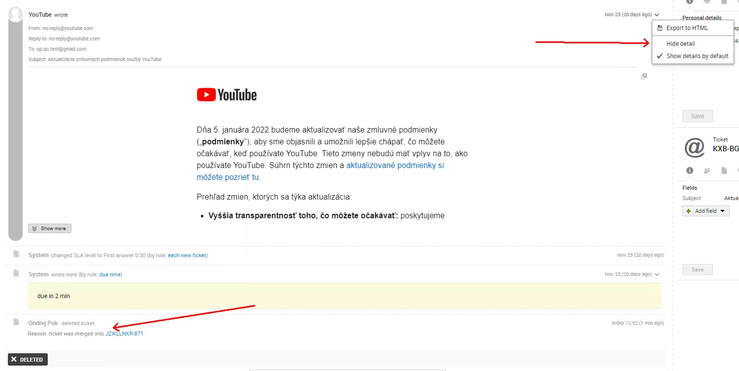 Et bilde som viser en e-postkilderfeil etter sammenslåing av to billetter, et problem som var til stede i tidligere versjoner av LiveAgent