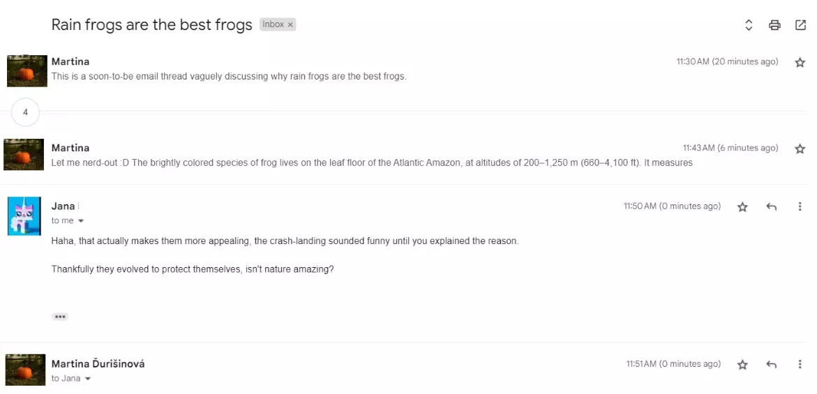 En e-posttråd med flere meldinger om samme tema.