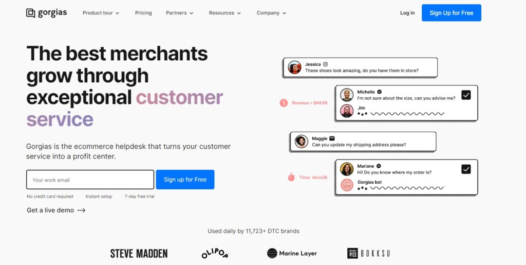 Gorgias hjemmeside - profittfokusert e-handelslive chat-software