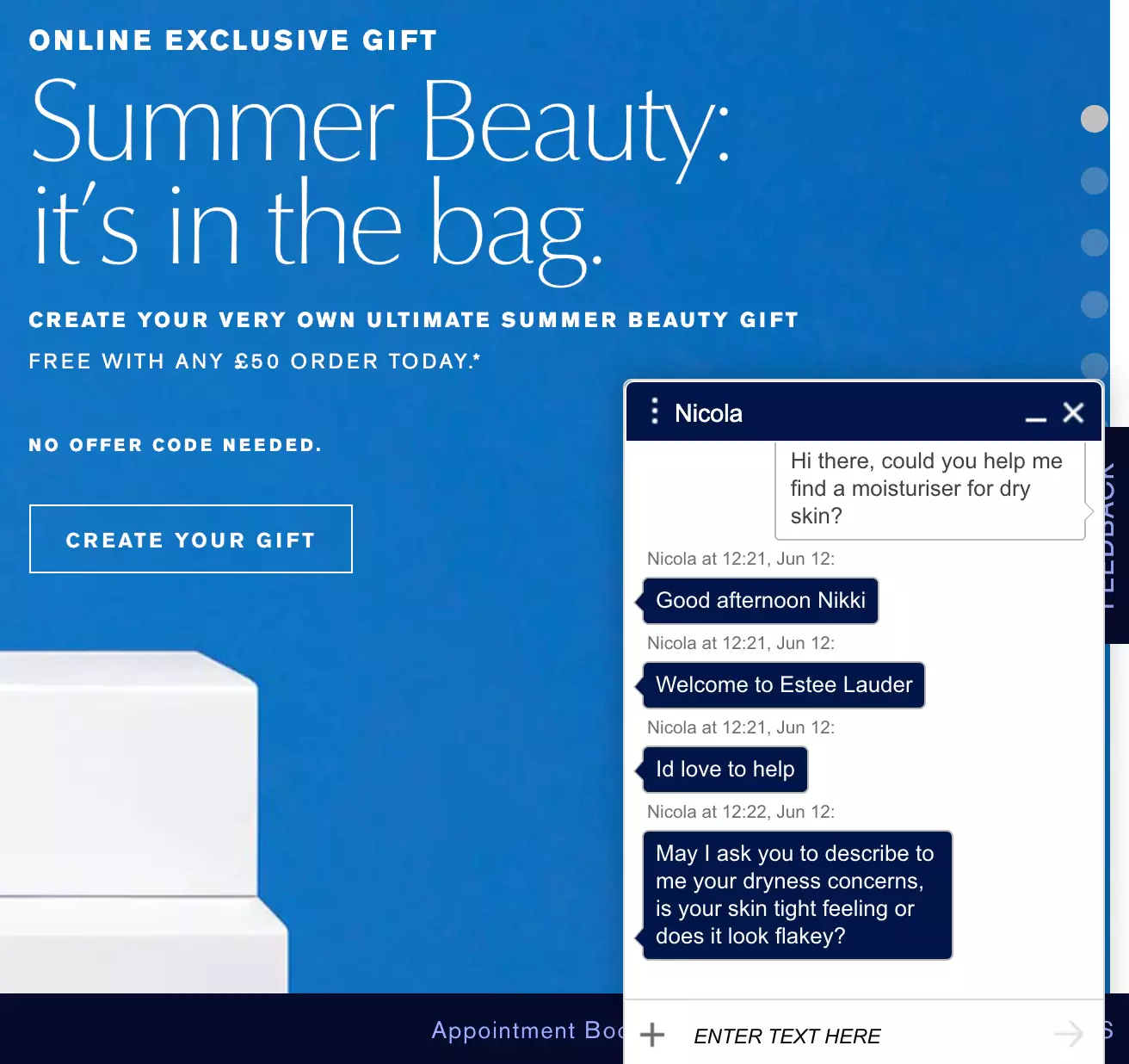 Eksempel på Estee Lauder live chat