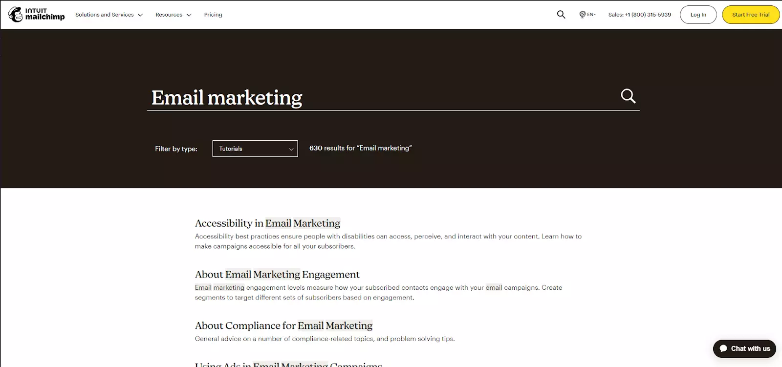 Eksempel på søkefunksjon i MailChimp sin kunnskapsbase