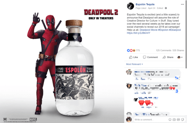 Tequila-merkets partnerskapsannonsering med Deadpool 2-filmen på Facebook