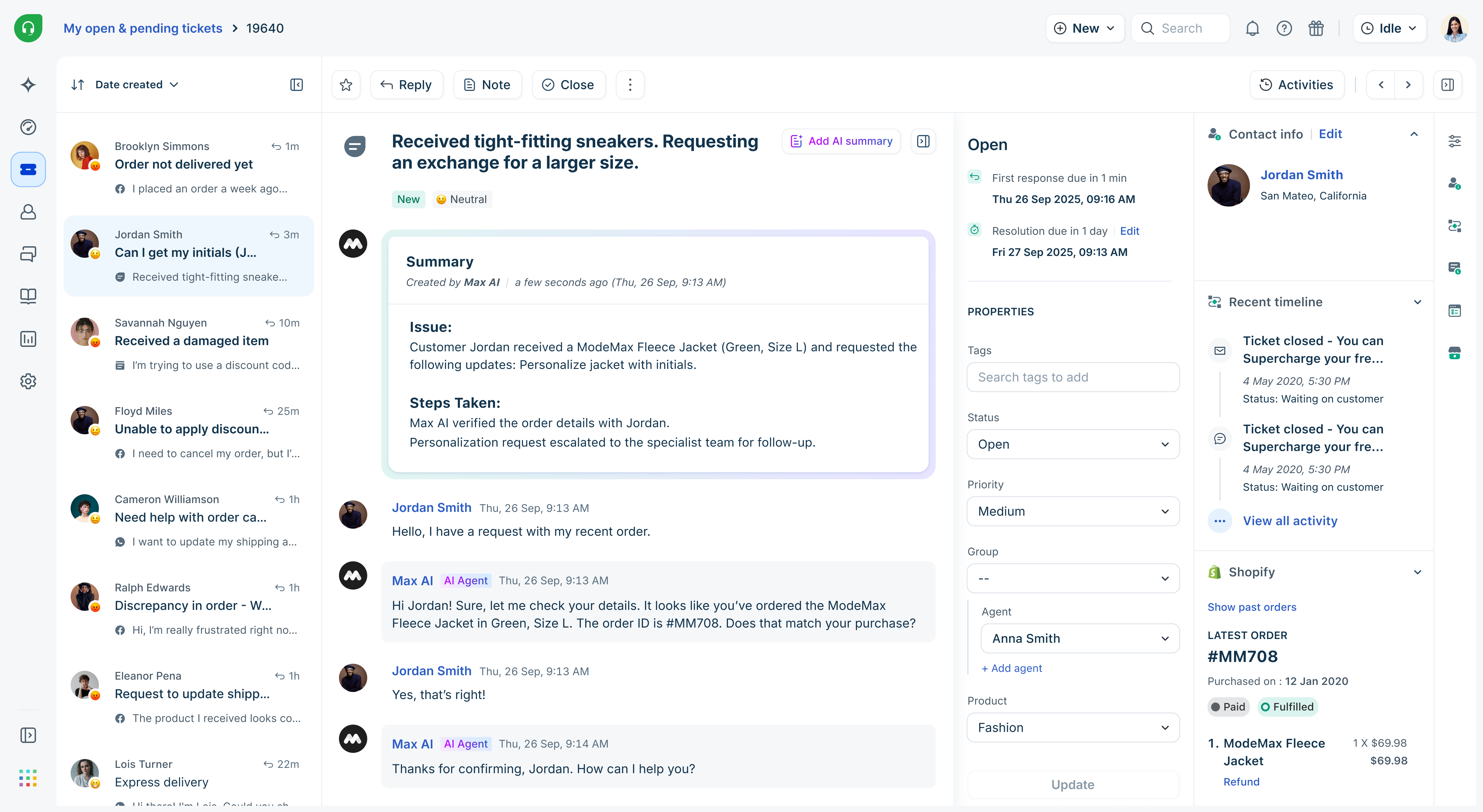 Freshdesk billettlistevisning med prioritets- og statuskolonner